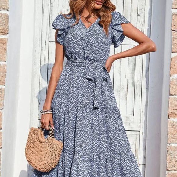 NEW Pretty Garden Floral Print Boho Wrap Dress with Belt Blue - Picture 2 of 8